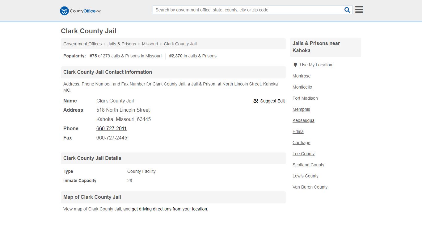 Clark County Jail - Kahoka, MO (Address, Phone, and Fax)